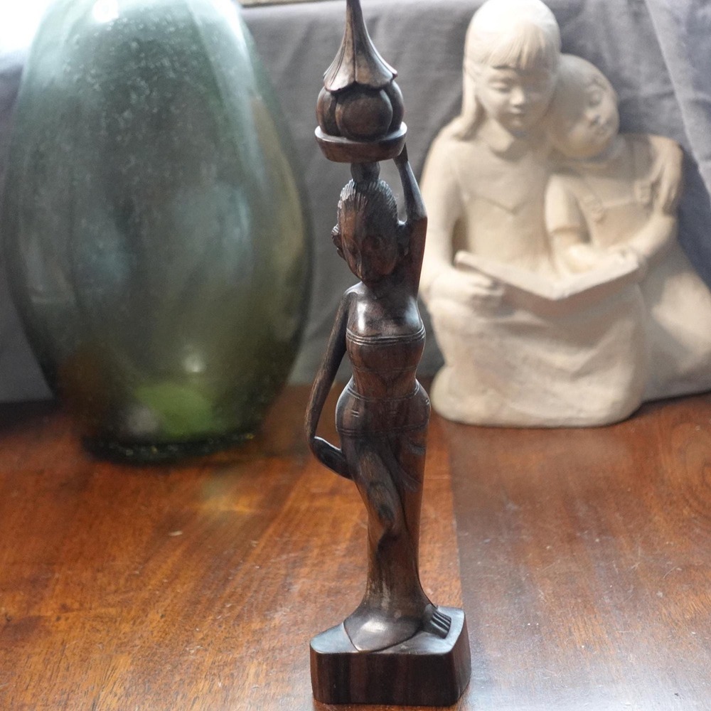 Vintage Indonesian woman hand carved‎ wood statue sculpture
